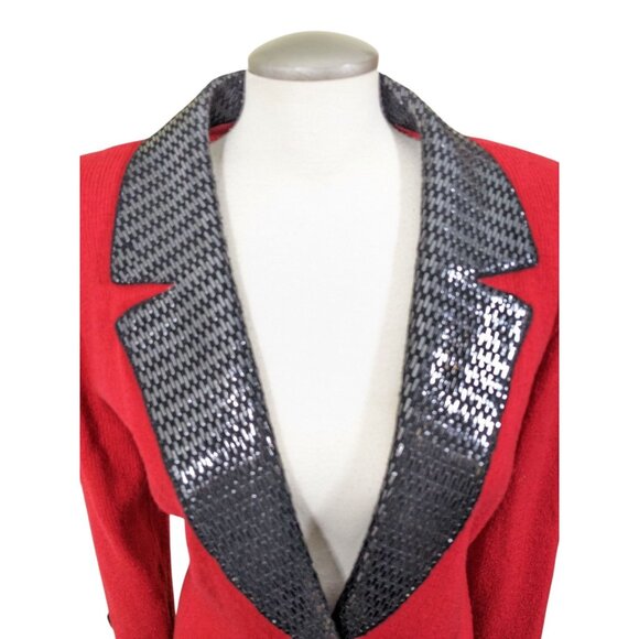 Vintage Toula Two Button Cardigan Jacket Red Knit Black Sequin Collar Womens 10 - Picture 2 of 7